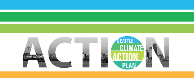 Seattle Climate Action Plan report cover with the word "action" filled in with pictures of seattle and the O says climate action plan. 