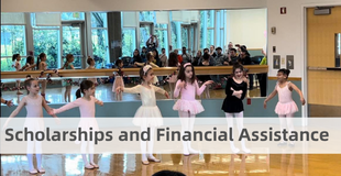 Children in a ballet class. Ribbon at the bottom of the image says Scholarships & Financial Assistance.