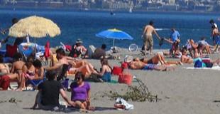People sitting on the beach at Alki Beach Park