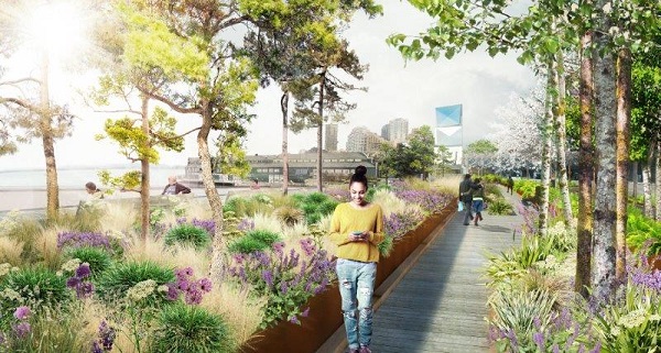 Girl walking with phone through drawing of new park