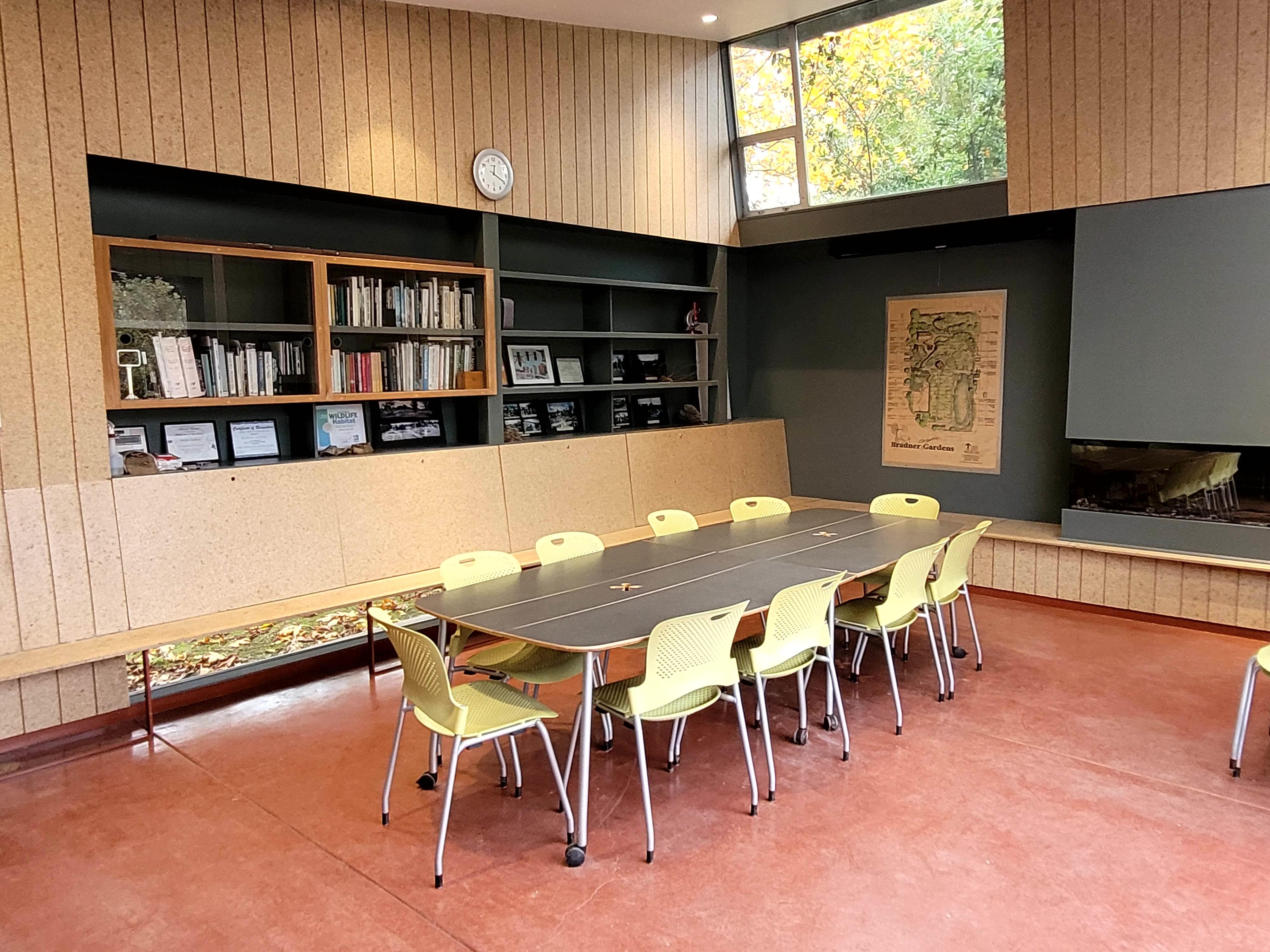 Tables and chairs set up inside Bradner Gardens Shelterhouse