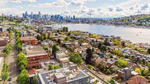 Aerial view of downtown Seattle and Lake Union