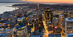 Aerial View of Seattle With Traffic Lights Glowing