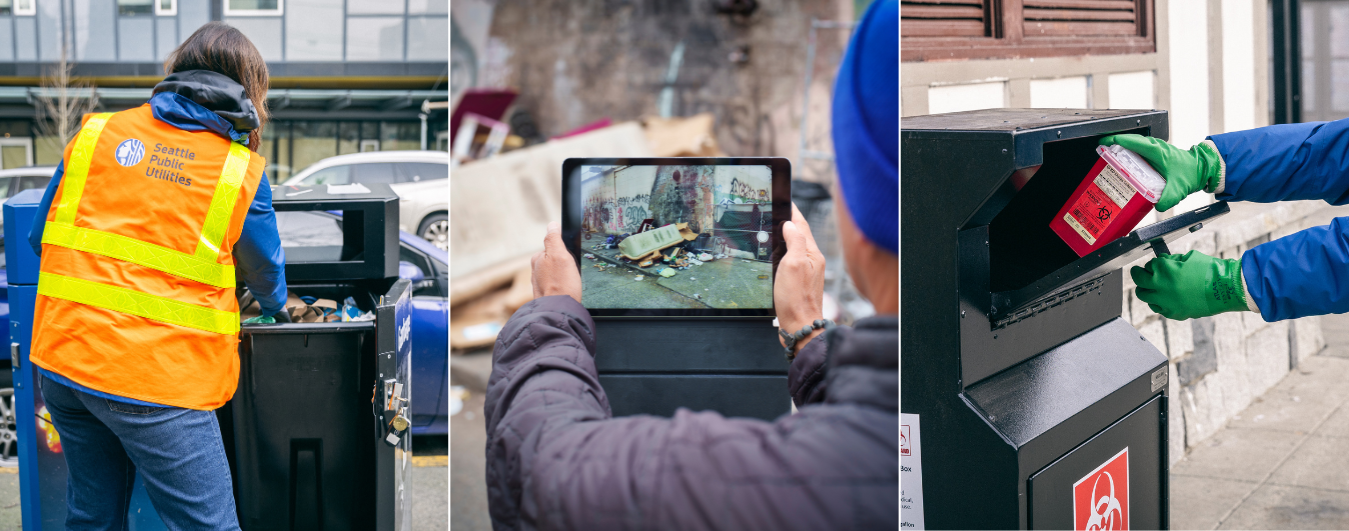 A composite photo of SPU employees working with RV remediation, painting out graffiti, and people using garbage and sharps bins. 