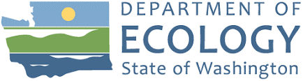 Department of Ecology, State of Washington logo depicting the outline of the state with sky, moutains, and water.
