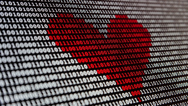 A graphic of a heart made of binary code