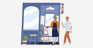 Illustration of a blue barber shop with two individuals conversing.