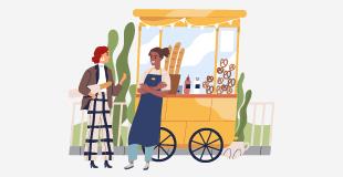 Illustration of two people with one holding loaf of bread in front of yellow food cart.