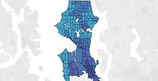 Image of map of Seattle zoomed out with areas highlighted in varying shades