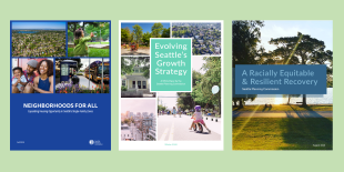 Three report covers from past commission projects in a row on a light green background.